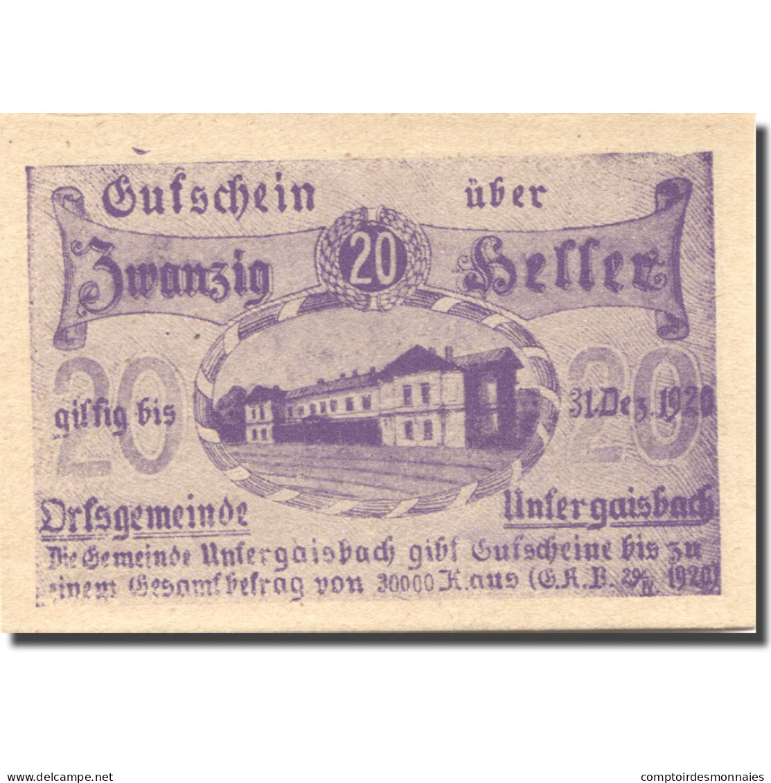 Billet, Autriche, Untergaisbach, 20 Heller, Château, 1920, SPL  Mehl:FS 1094a - Austria