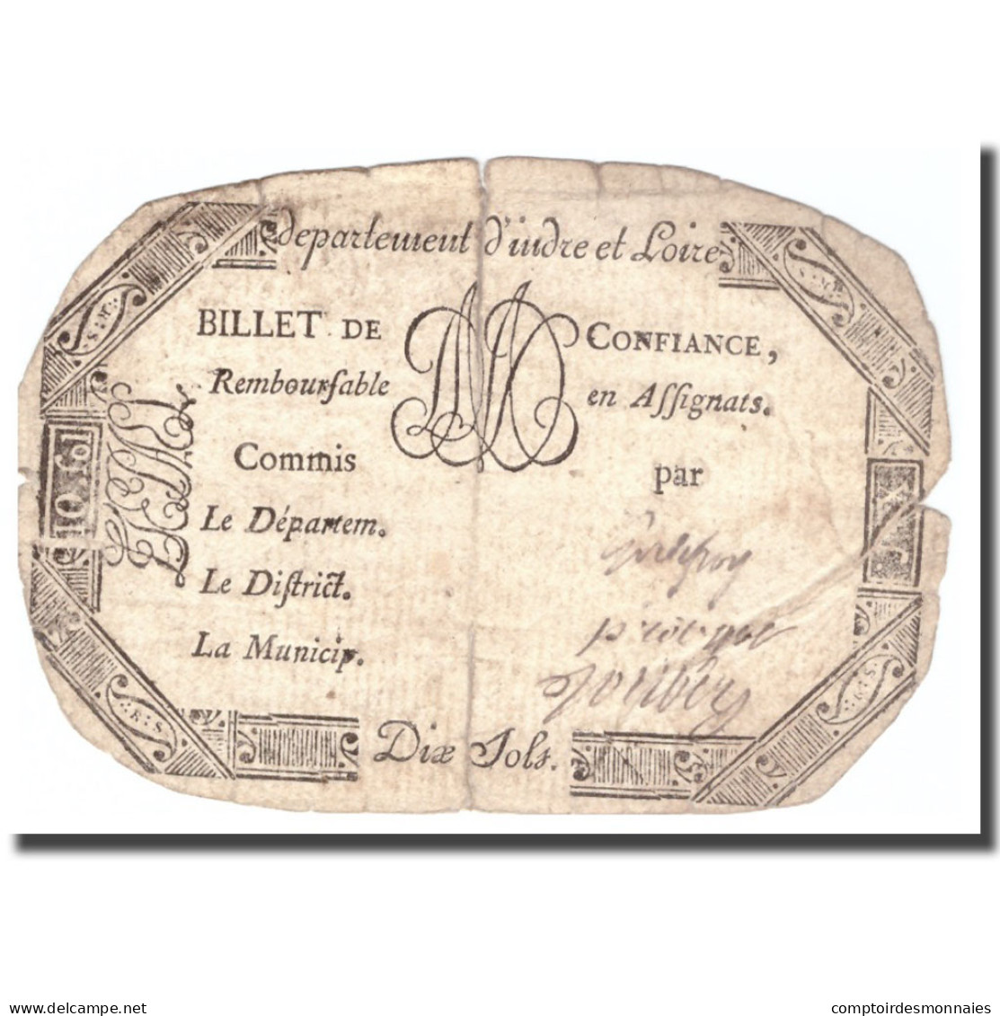 France, 10 Sols, Undated (1791-92), Indre Et Loire, B+ - Assignats & Mandats Territoriaux