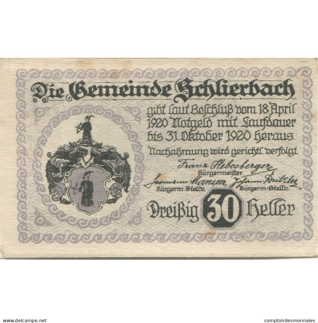 Billet, Autriche, Oberschlierbach, 30 Heller, Blason, 1920 SUP Mehl:FS 886IIb - Oesterreich