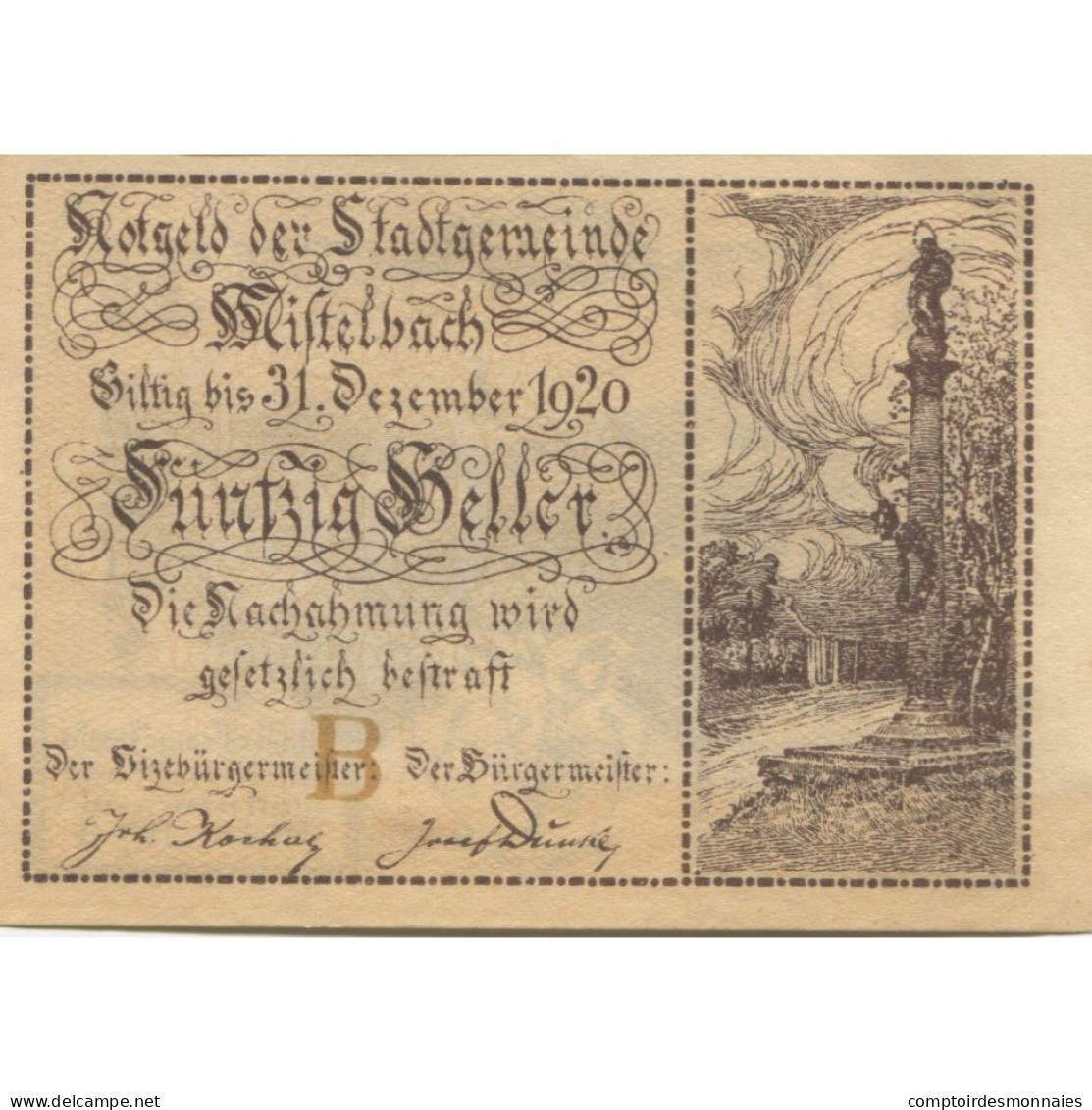 Billet, Autriche, Mistelbach, 50 Heller, Monument 1920-12-31, SPL Mehl:FS 614b - Oesterreich