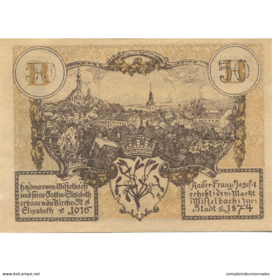 Billet, Autriche, Mistelbach, 50 Heller, Monument 1920-12-31, SPL Mehl:FS 614b - Austria