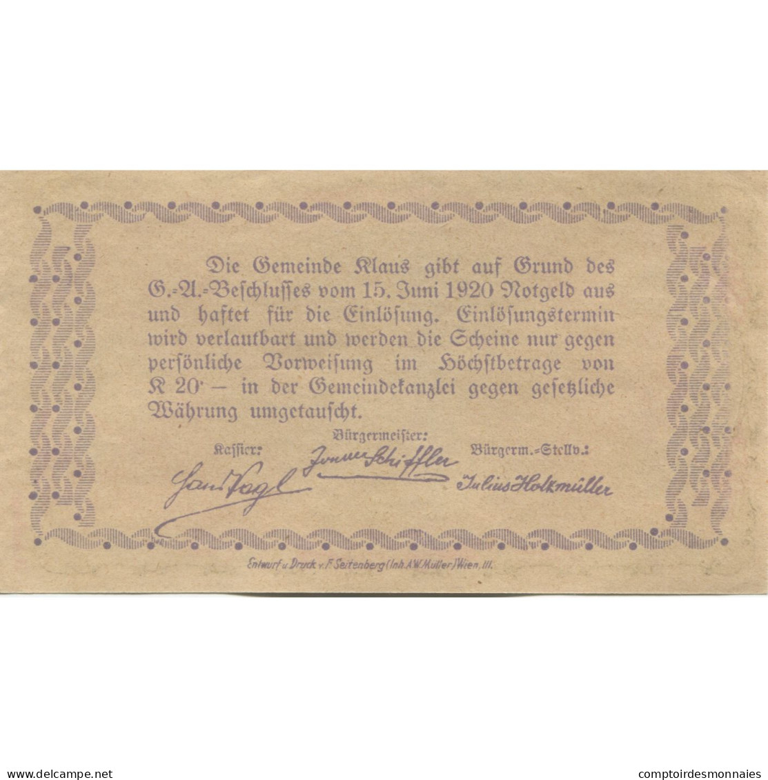 Billet, Autriche, Klaus, 90 Heller, Village, 1920, 1920-06-15, SPL, Mehl:FS 454 - Oesterreich