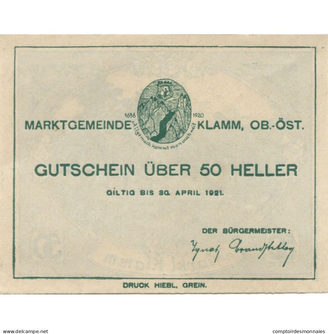 Billet, Autriche, Klamm, 50 Heller, Village, 1921, 1921-04-30, SPL, Mehl:FS 453b - Austria
