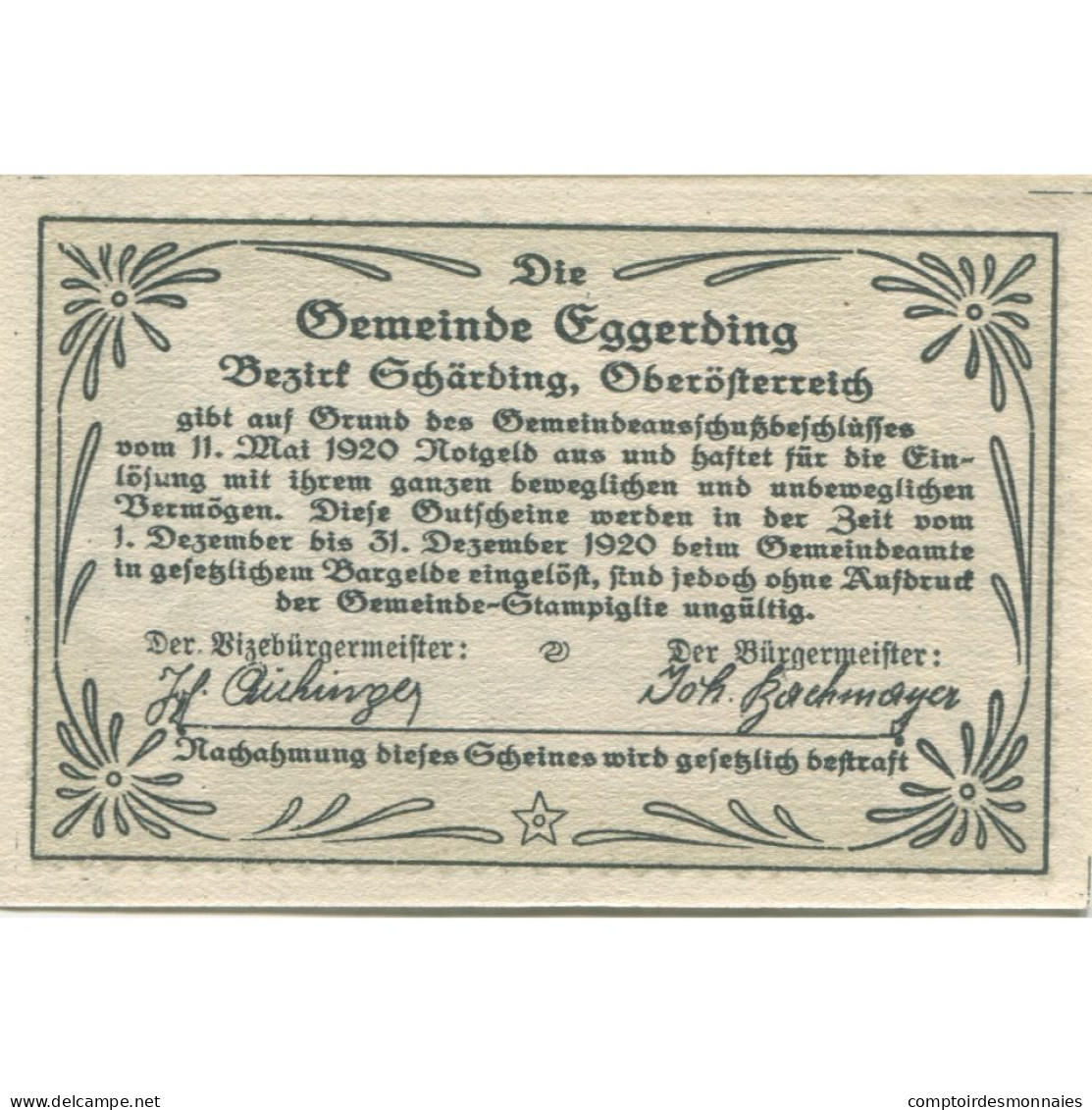 Billet, Autriche, Eggerding, 50 Heller, Eglise 1920-12-31, SPL, Mehl:FS 166a - Oesterreich