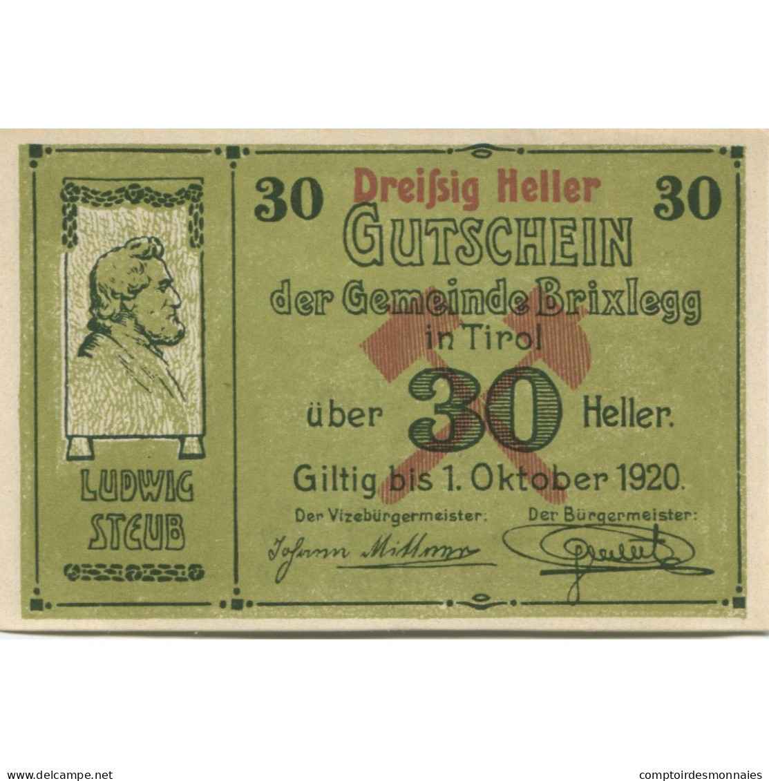 Billet, Autriche, Brixlegg, 30 Heller, Portrait 1920-10-31, SPL, Mehl:FS 104a - Austria