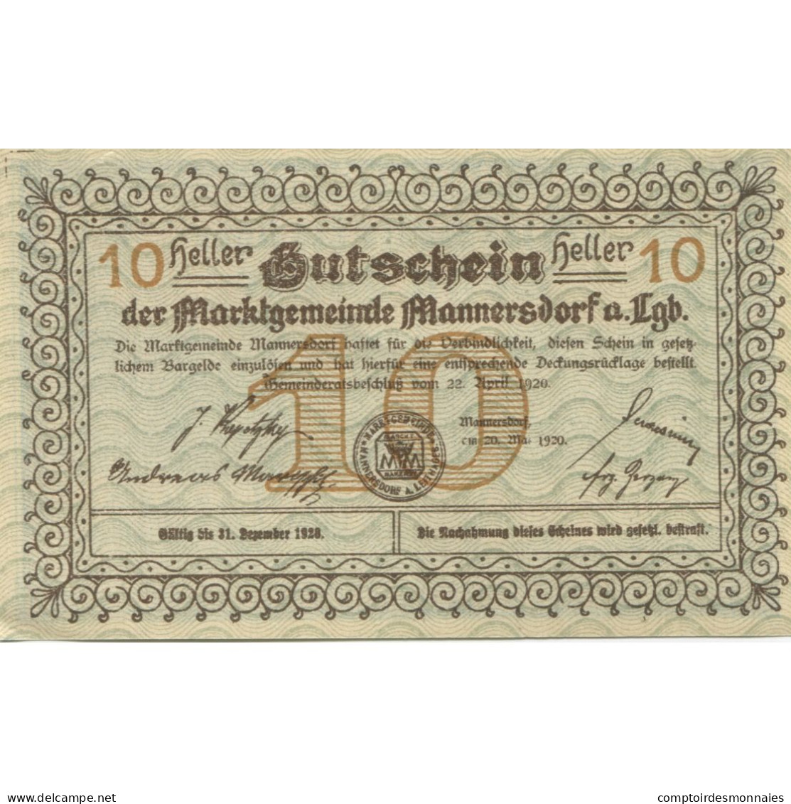 Billet, Autriche, Mannersdorf, 10 Heller, Village 1920-12-31, SPL Mehl:FS 577a - Austria