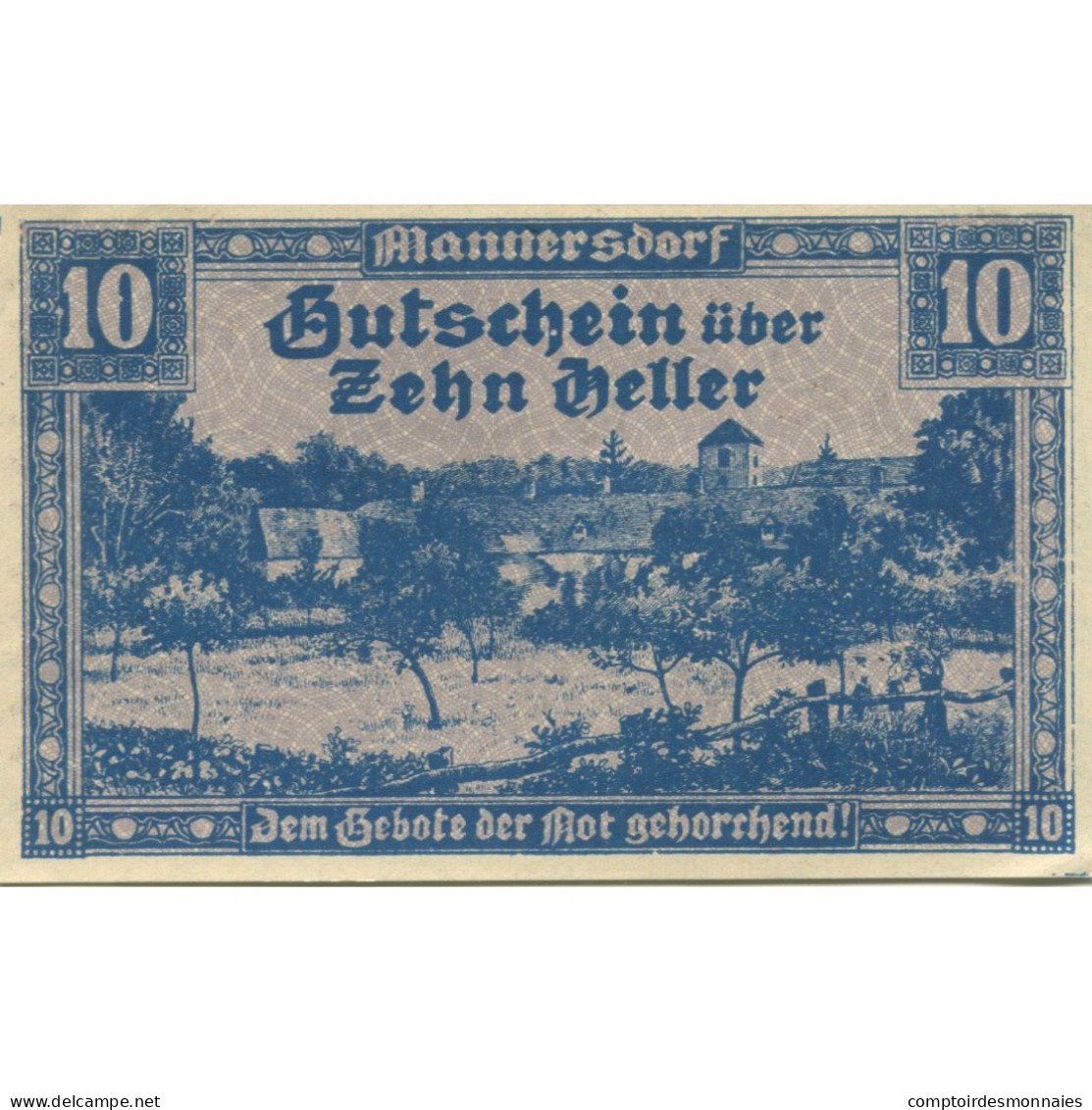 Billet, Autriche, Mannersdorf, 10 Heller, Village 1920-12-31, SPL Mehl:FS 577a - Oesterreich