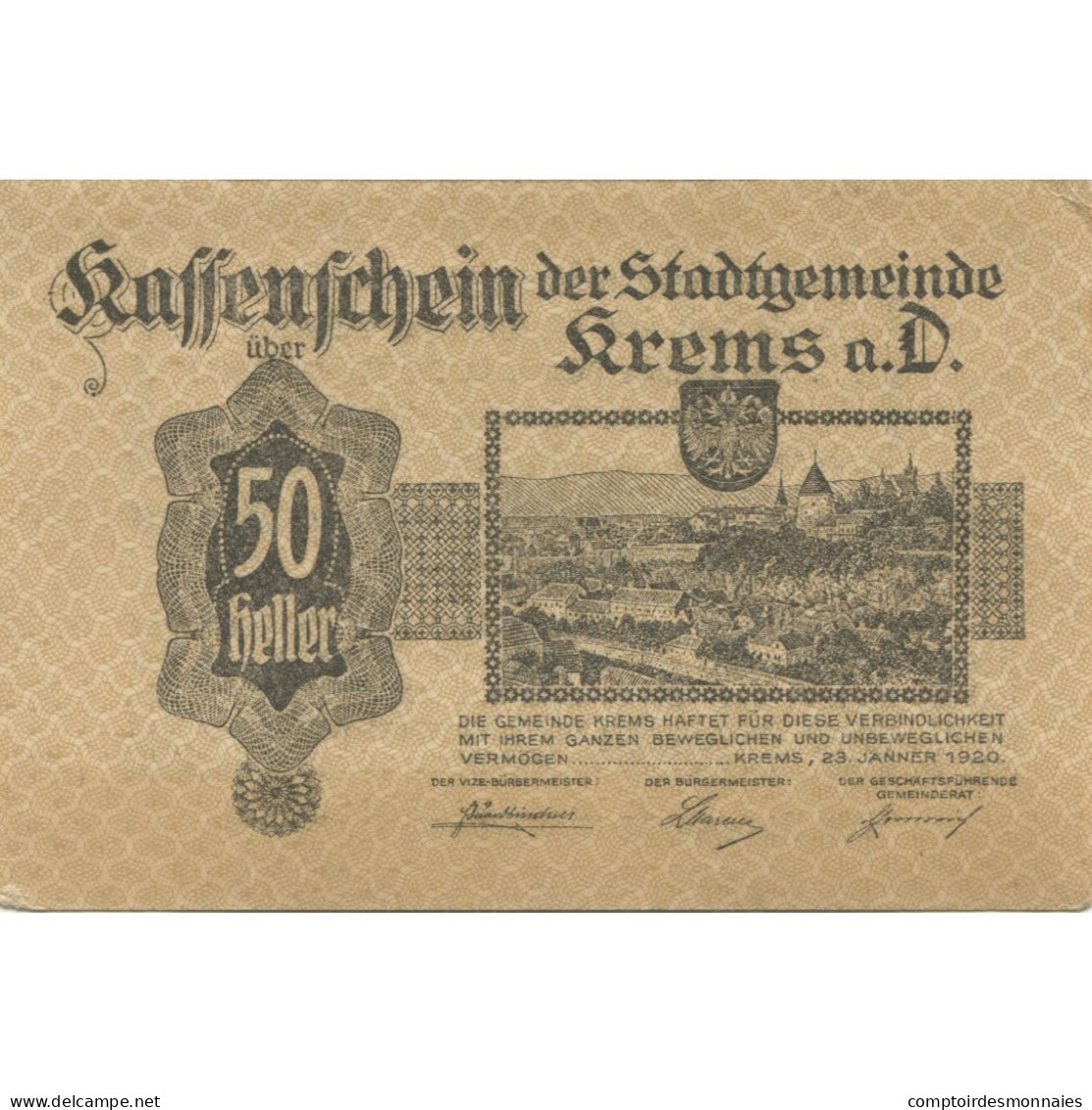 Billet, Autriche, Krems, 50 Heller, Blason, 1920, 1920-08-31, SPL, Mehl:FS 472I - Austria