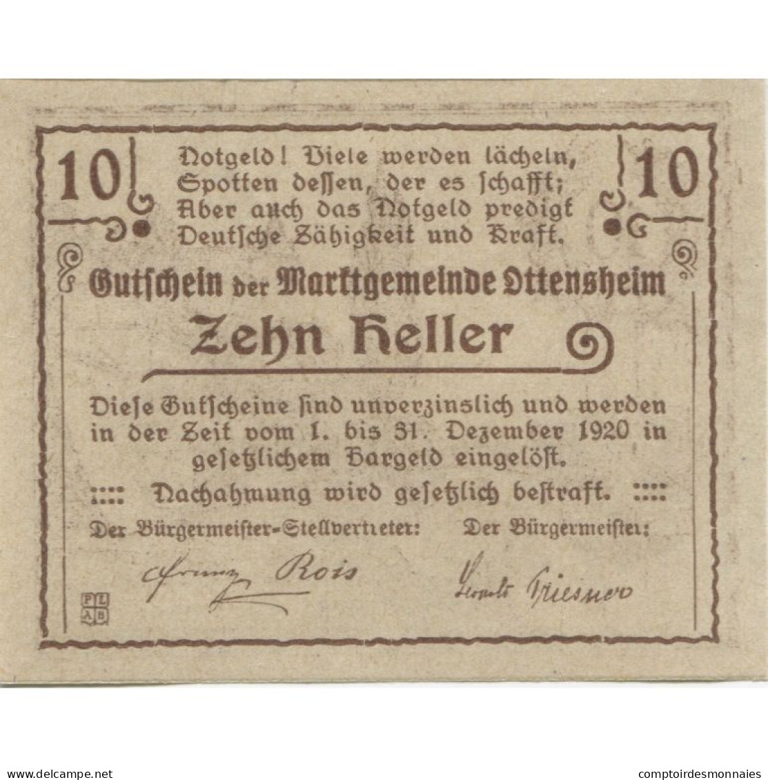 Billet, Autriche, Ottensheim, 10 Heller, Eglise 1920-12-31, SPL, Mehl:FS 717 - Austria