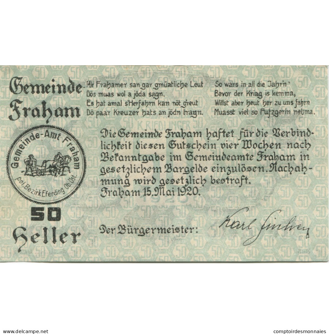 Billet, Autriche, Fraham, 50 Heller, étang, 1920, 1920-05-15, SPL, Mehl:FS 205c - Oesterreich