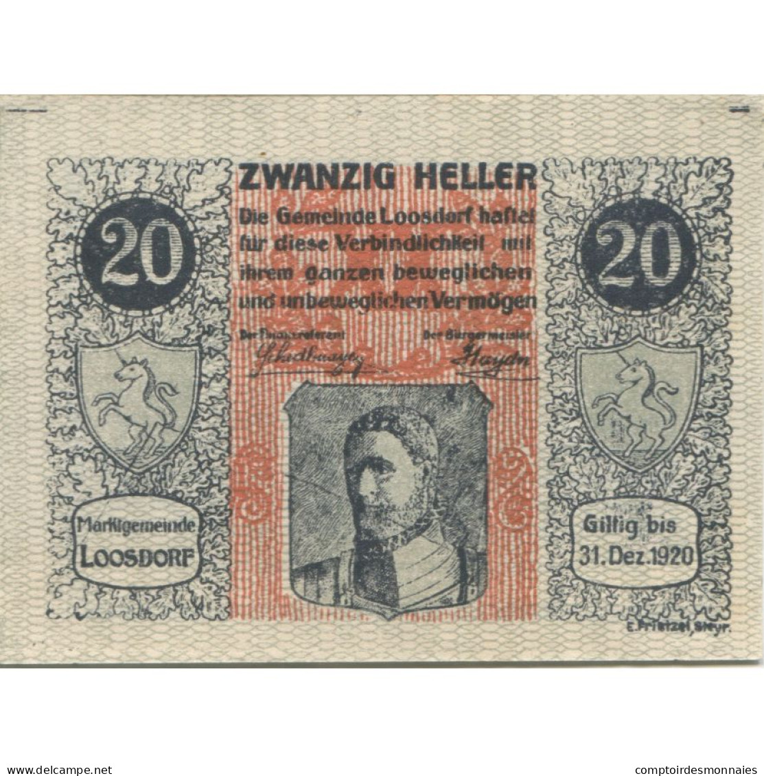 Billet, Autriche, Loosdorf, 20 Heller, Portrait 1920-12-31, SPL, Mehl:FS 563a - Oesterreich