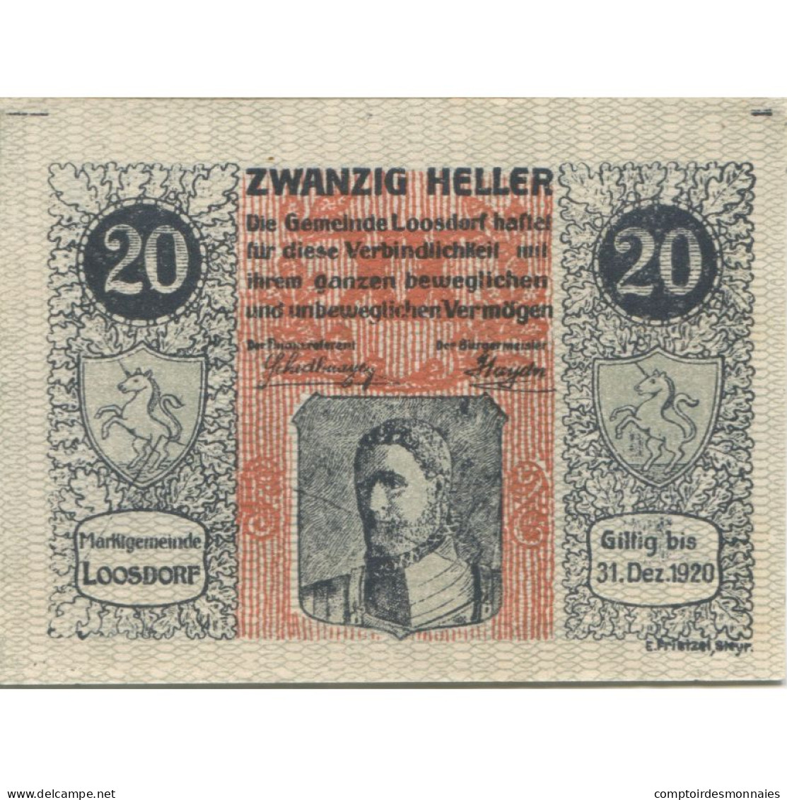 Billet, Autriche, Loosdorf, 20 Heller, Portrait 1920-12-31, SPL, Mehl:FS 563a - Austria