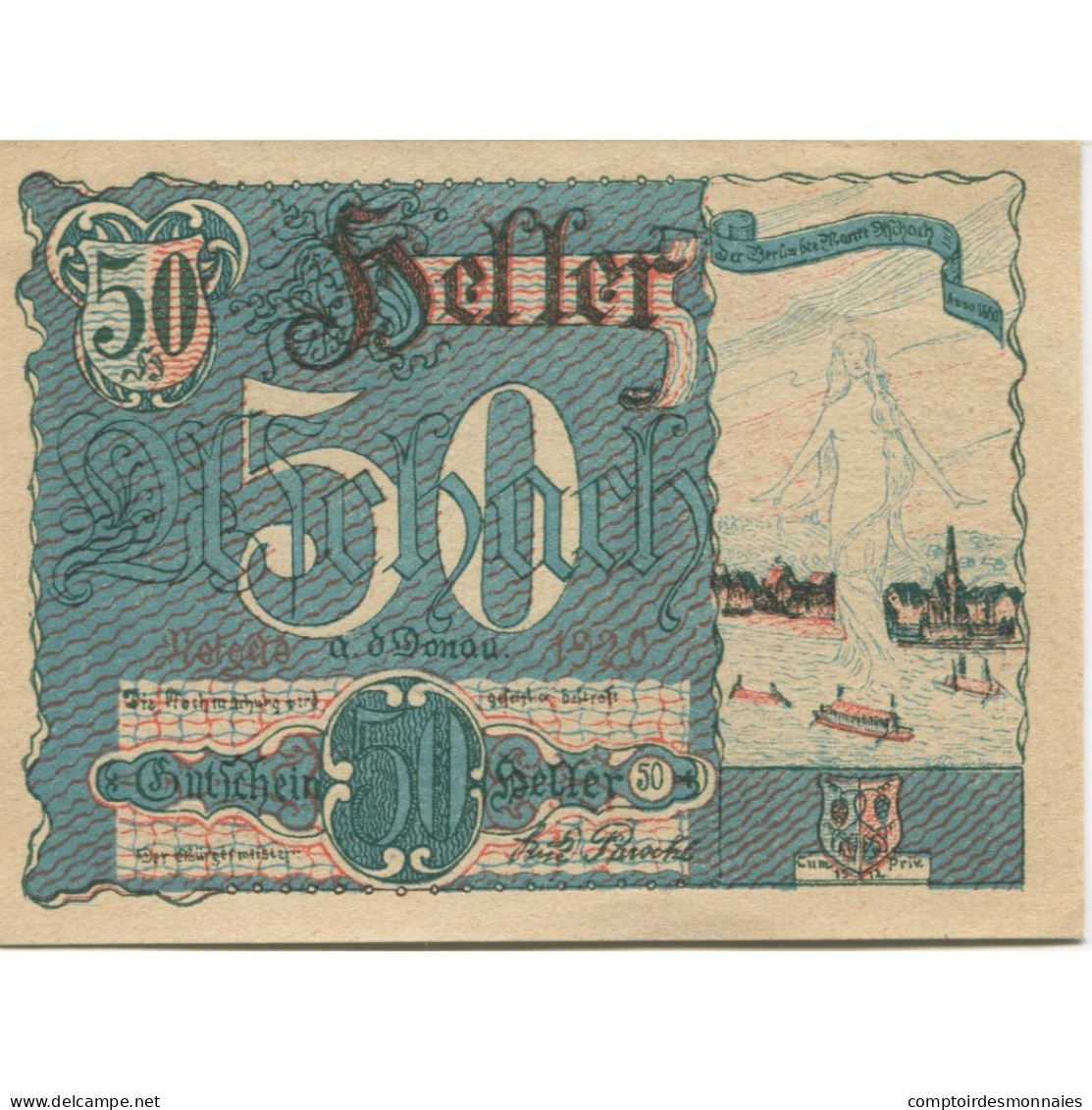 Billet, Autriche, Aschach, 50 Heller, Fleuve, 1920, SPL, Mehl:FS 53IIb20 - Austria