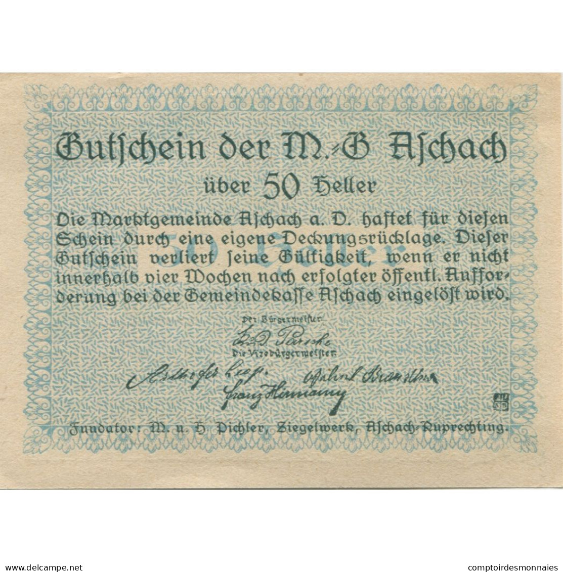 Billet, Autriche, Aschach, 50 Heller, Fleuve, 1920, SPL, Mehl:FS 53IIb20 - Austria