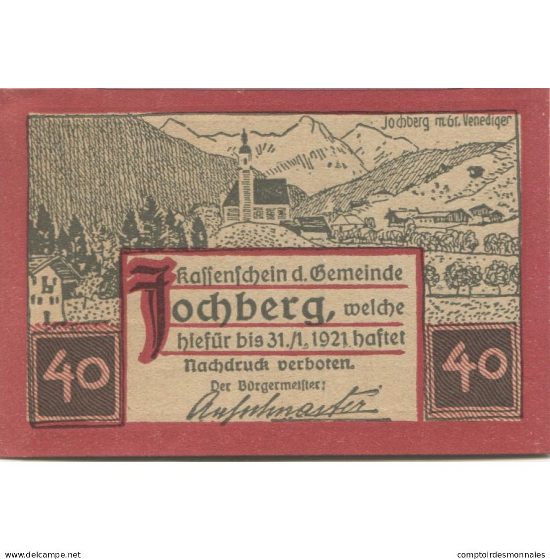 Billet, Autriche, Jochberg, 40 Heller, Eglise 1921-01-31, SPL, Mehl:FS 419a - Austria