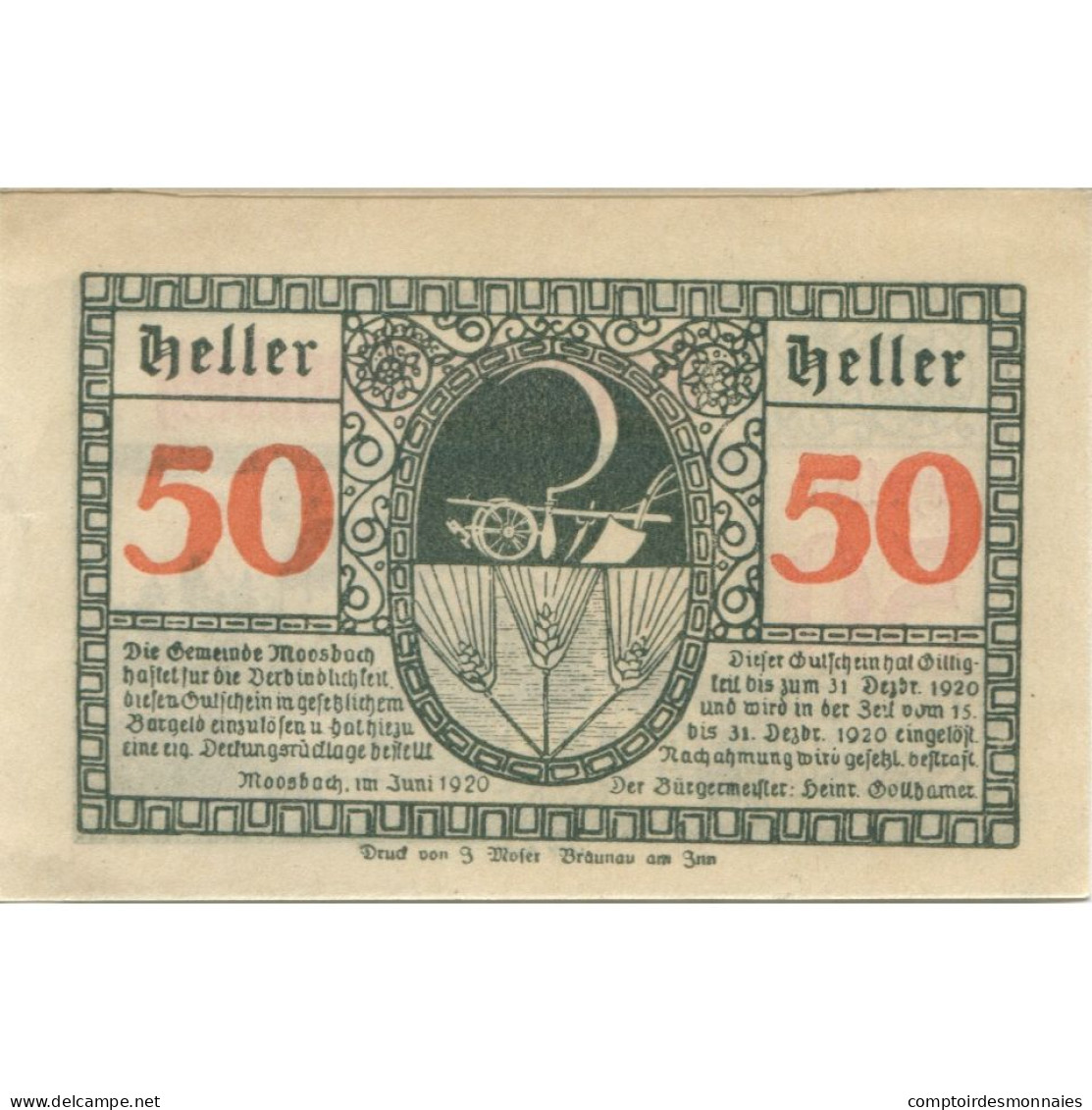 Billet, Autriche, Moosbach, 50 Heller, Eglise 1, 1920-12-31, SPL, Mehl:FS 628a - Austria