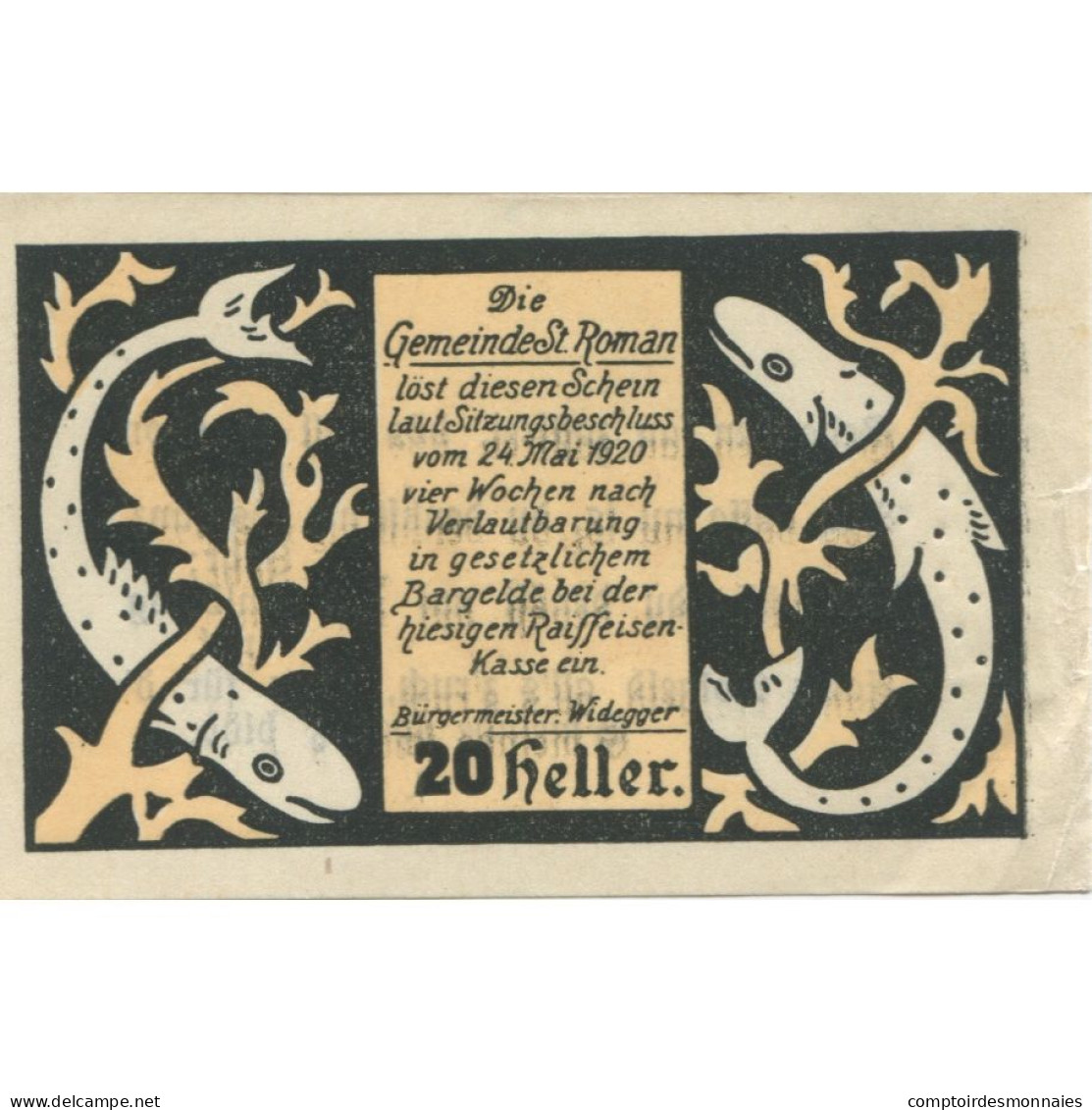 Billet, Autriche, St Roman, 20 Heller, Poisson, 1920, SPL, Mehl:FS 935a - Oesterreich