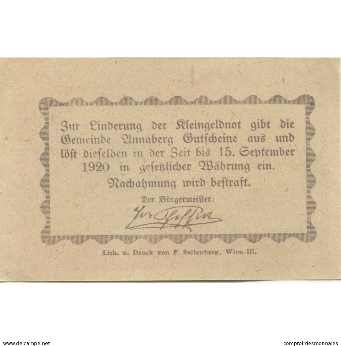 Billet, Autriche, Annaberg, 20 Heller, Village 1920-09-15, SPL, Mehl:FS 44a - Oesterreich