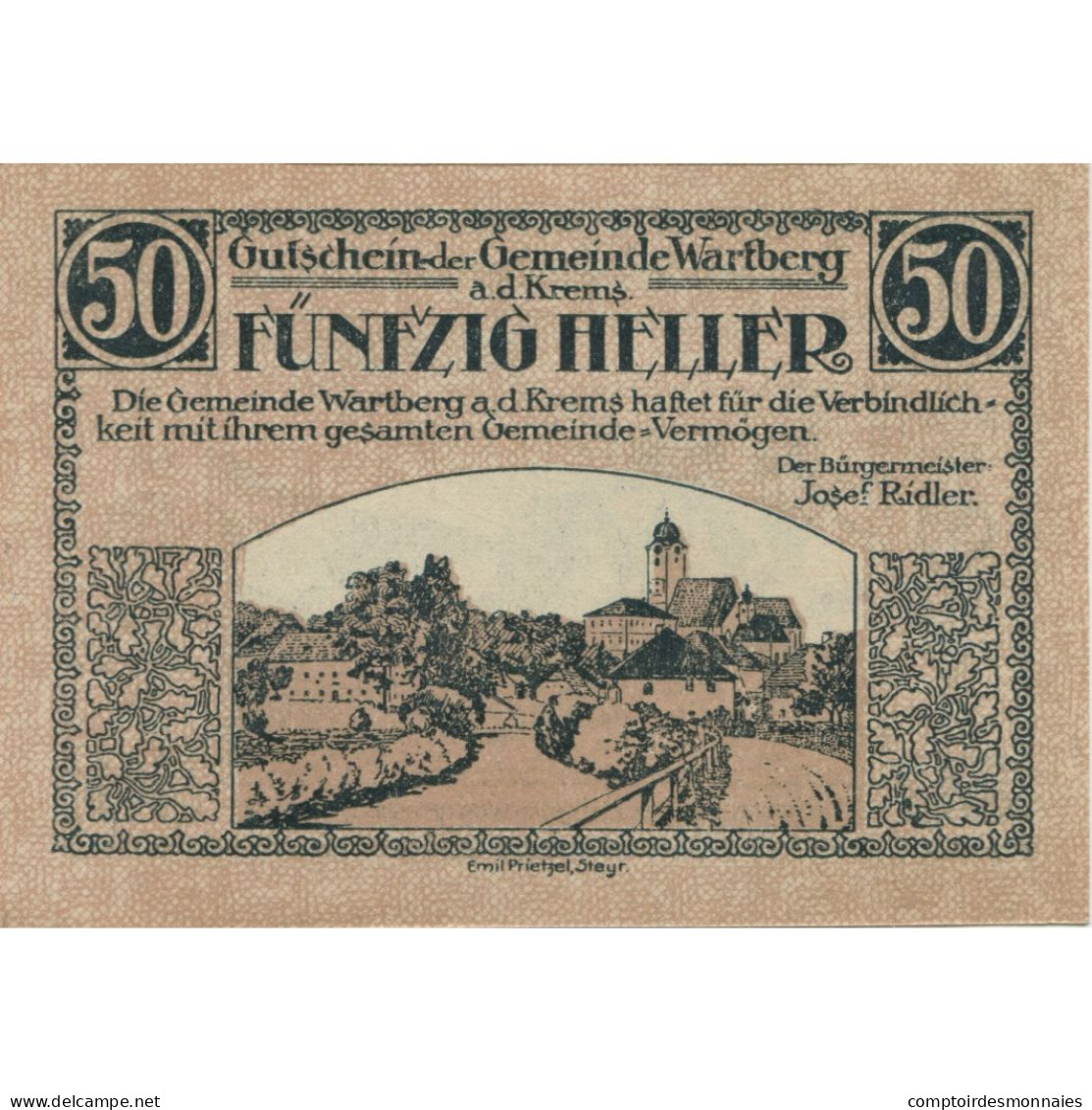 Billet, Autriche, Wartberg, 50 Heller, Village 1921-12-31, SPL Mehl:FS 1141a - Austria