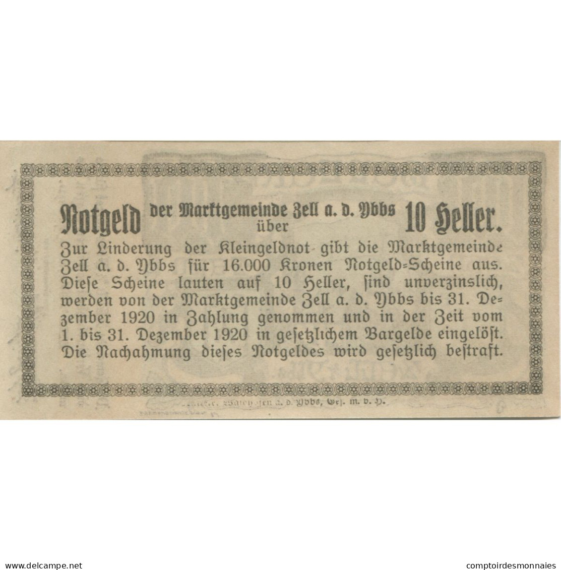 Billet, Autriche, Zell A/d Ybbs, 10 Heller, Château, 1920 SPL Mehl:FS 1272aC - Austria