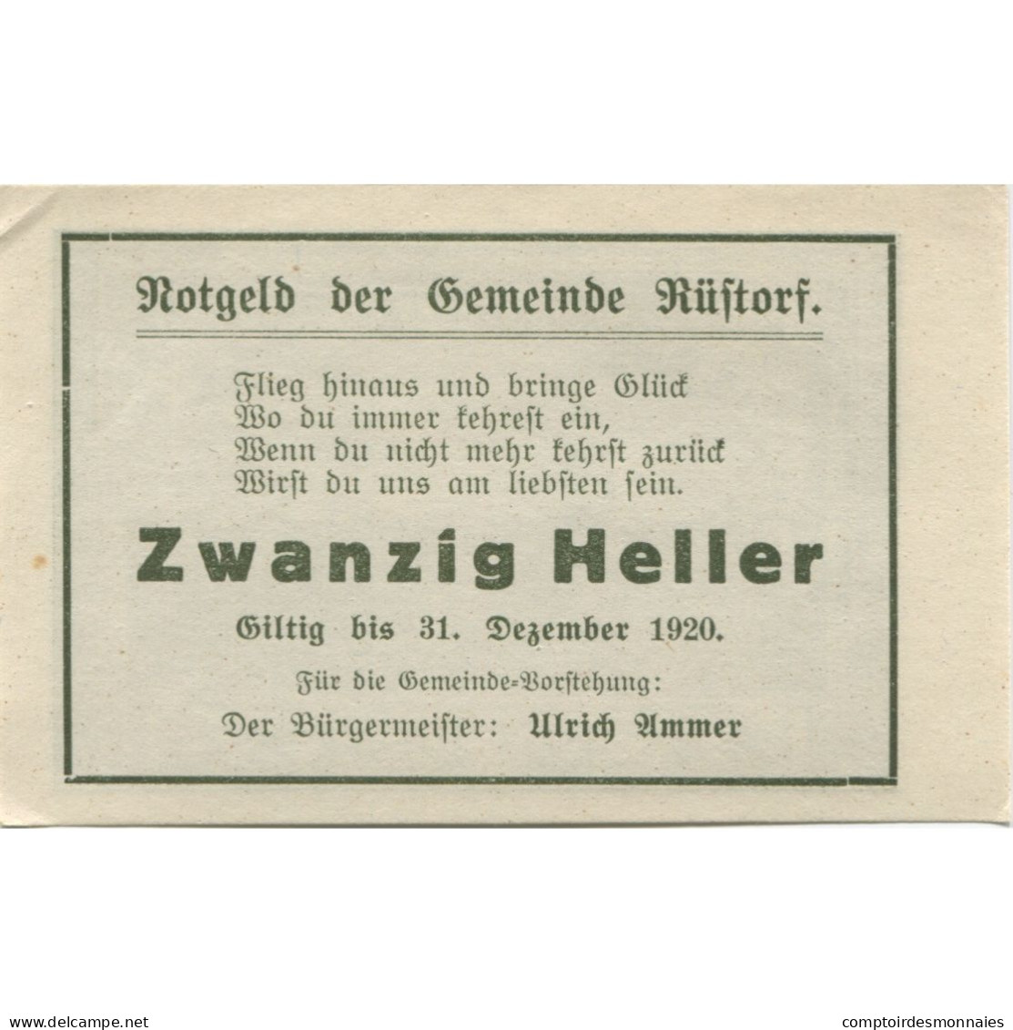 Billet, Autriche, Rustorf, 20 Heller, Paysage 1920-12-31, SPL Mehl:FS 856a - Austria