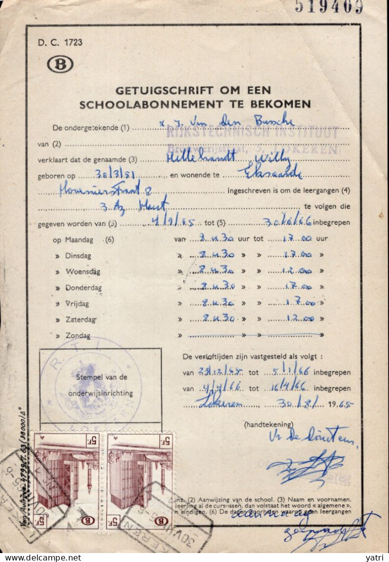 Belgio (1965) - Getruigschrift Om Een Schoolabonnement Te Bekomen - Andere & Zonder Classificatie
