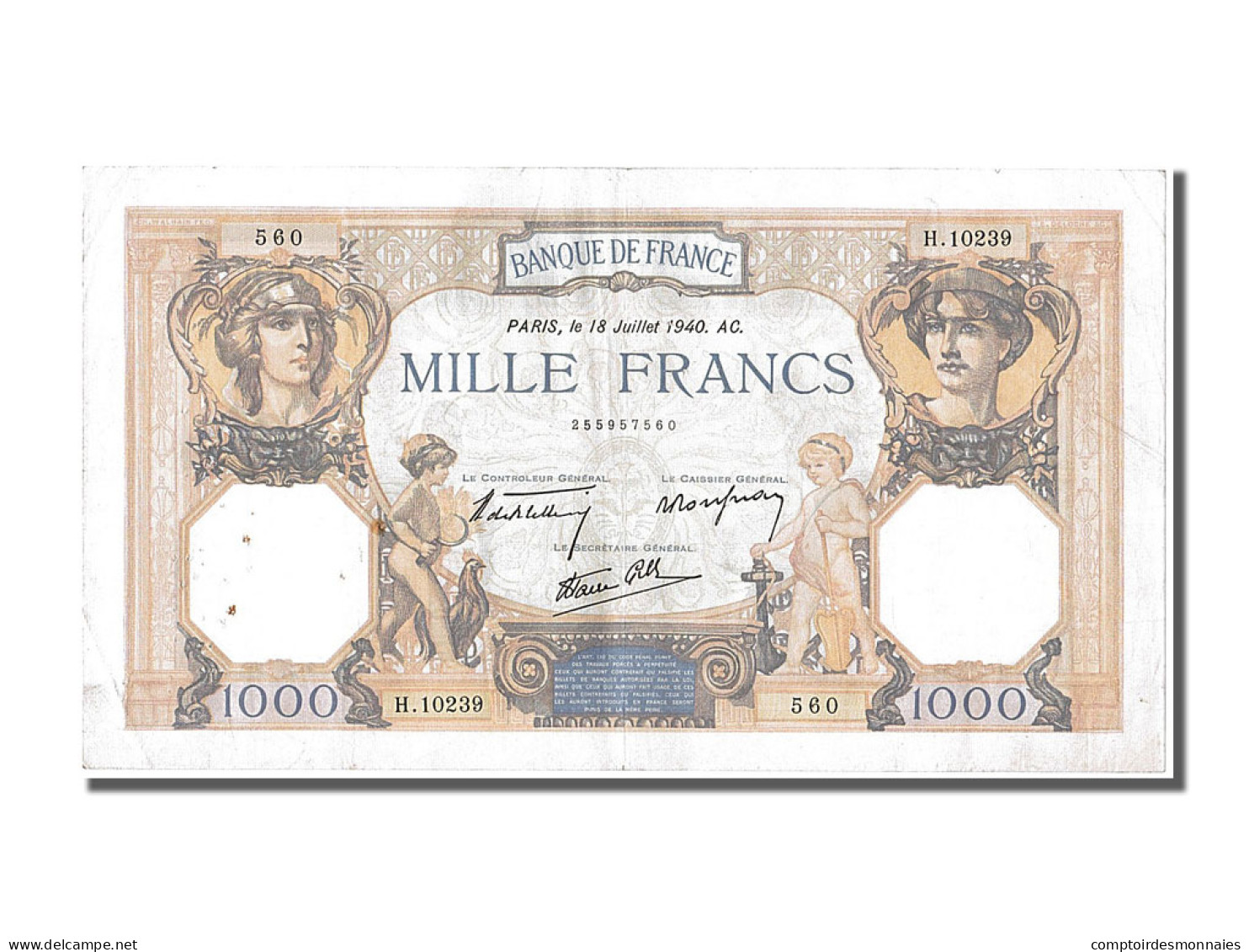 Billet, France, 500 Francs, 1 000 F 1927-1940 ''Cérès Et Mercure'', 1940 - 1 000 F 1927-1940 ''Cérès Et Mercure''