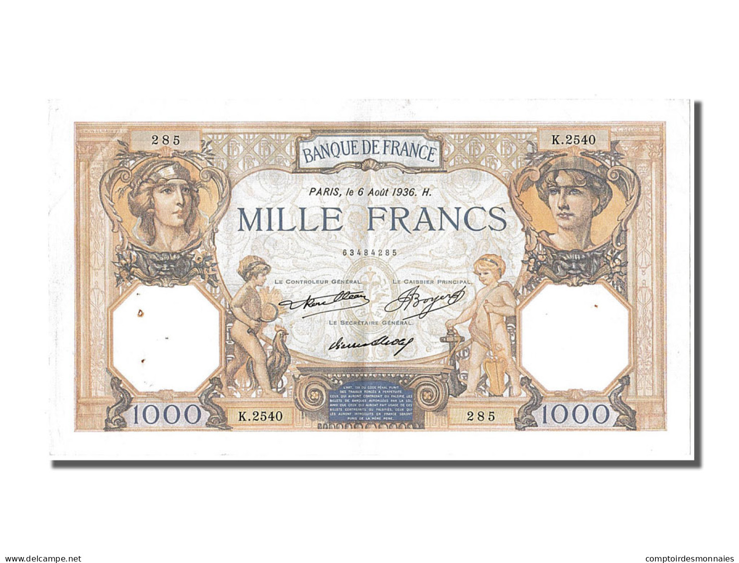 Billet, France, 1000 Francs, 1 000 F 1927-1940 ''Cérès Et Mercure'', 1936 - 1 000 F 1927-1940 ''Cérès E Mercure''