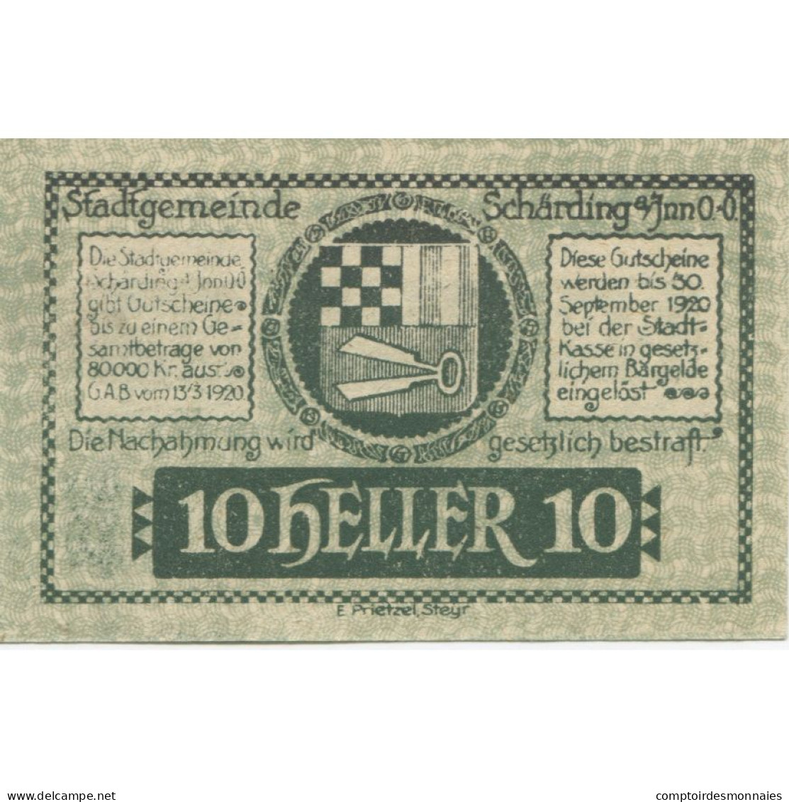 Billet, Autriche, Schärding, 10 Heller, Paysage 1920-09-30, SPL Mehl:FS 951I - Austria