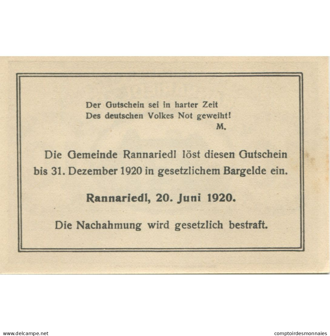 Billet, Autriche, Rannariedl, 10 Heller, Château 1920-12-31, SPL Mehl:FS 818a - Oesterreich