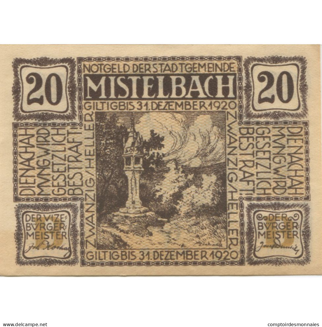 Billet, Autriche, Mistelbach, 20 Heller, Monument 1920-12-31, SPL Mehl:FS 614b - Oesterreich