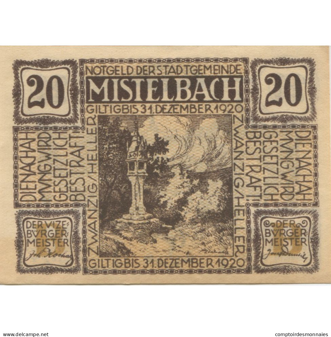 Billet, Autriche, Mistelbach, 20 Heller, Monument 1920-12-31, SPL Mehl:FS 614b - Austria