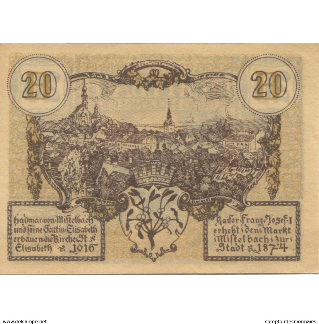 Billet, Autriche, Mistelbach, 20 Heller, Monument 1920-12-31, SPL Mehl:FS 614b - Austria