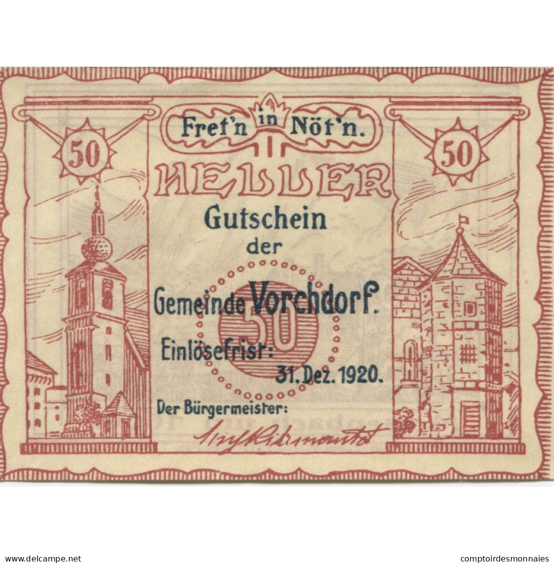 Billet, Autriche, Vorchdorf, 50 Heller, Eglise 1920-12-31, SPL Mehl:FS 1119a - Oesterreich