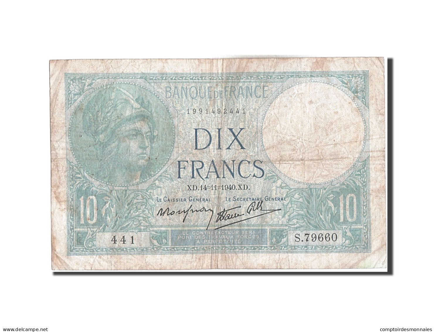 Billet, France, 10 Francs, 10 F 1916-1942 ''Minerve'', 1940, 1940-11-14, TB - 10 F 1916-1942 ''Minerve''