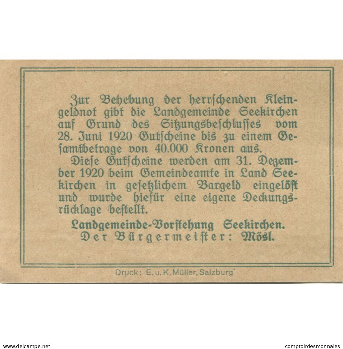 Billet, Autriche, Seekirchen, 50 Heller, Village 1920-12-31, SPL, Mehl:FS 986a - Oesterreich