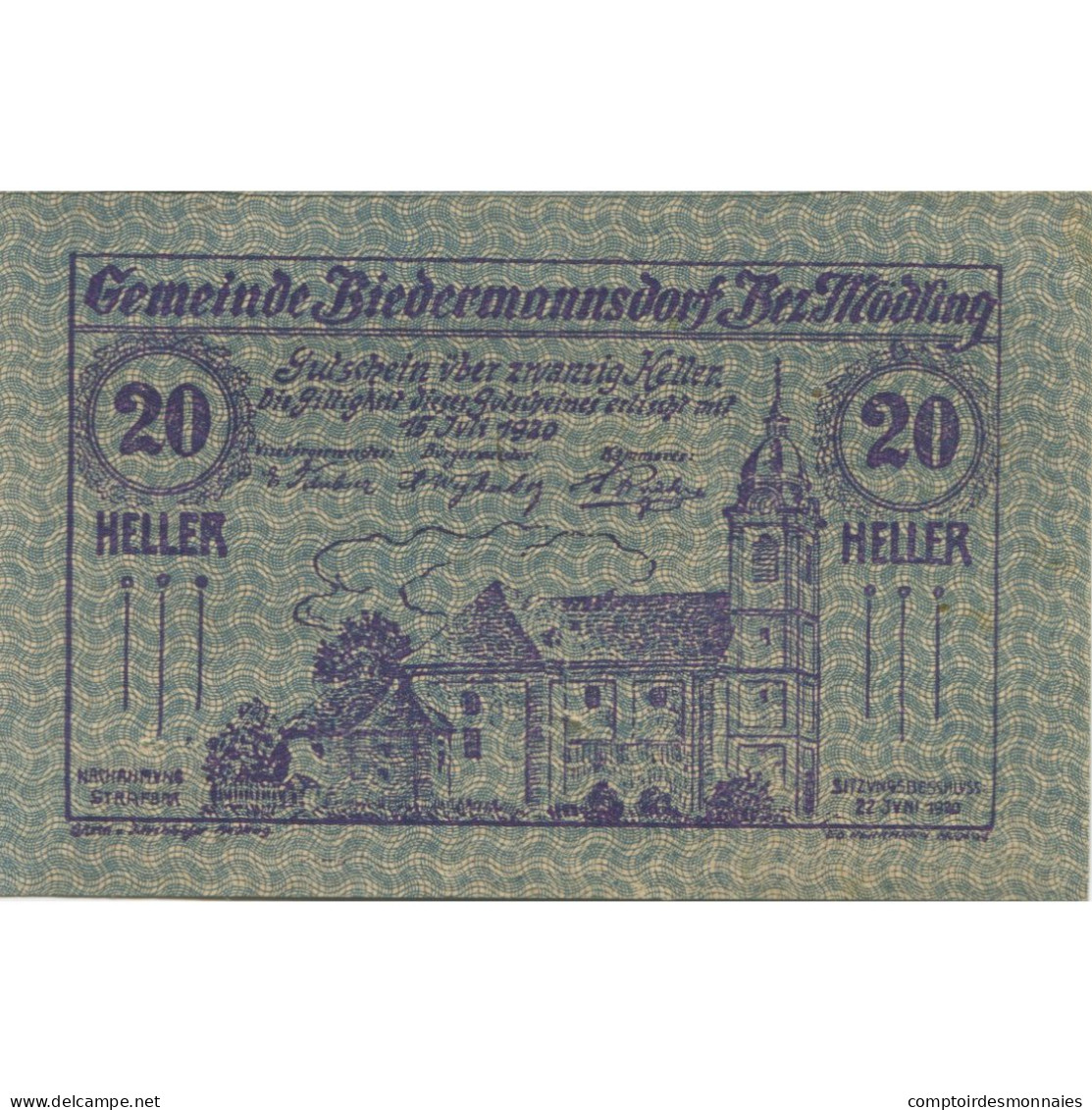 Billet, Autriche, Biedermannsdorf, 20 Heller, Eglise 1920-07-15, SPL Mehl:FS 87b - Oesterreich