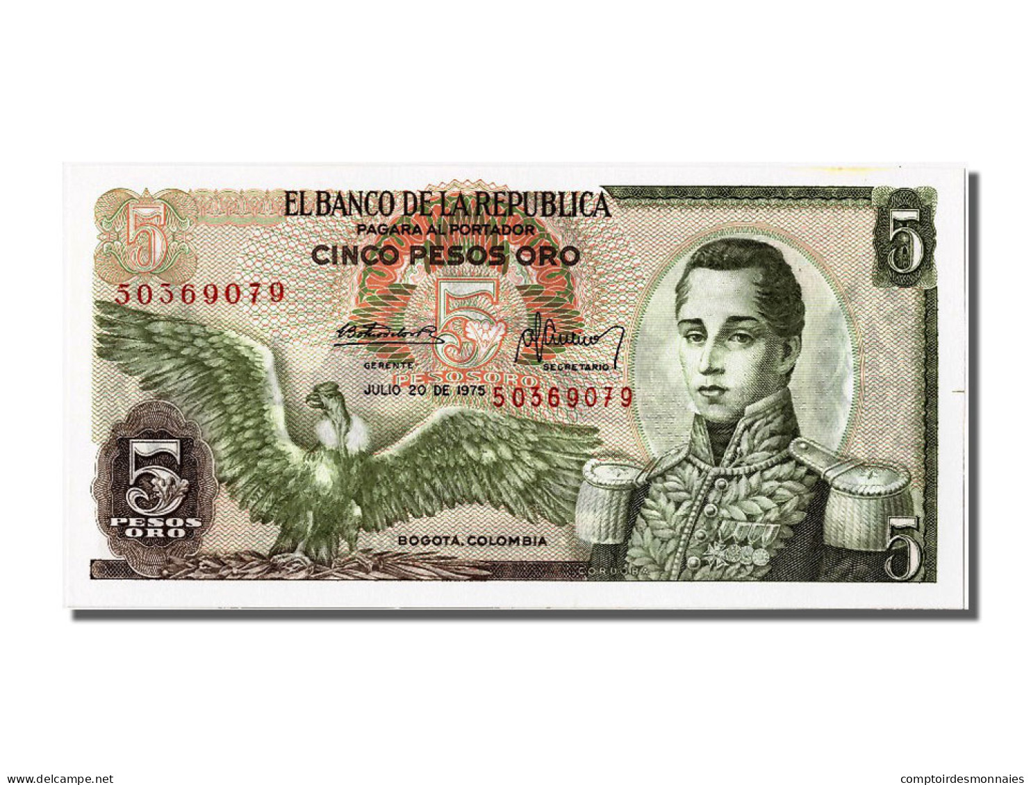 Billet, Colombie, 5 Pesos Oro, 1975, 1975-07-20, SPL - Kolumbien