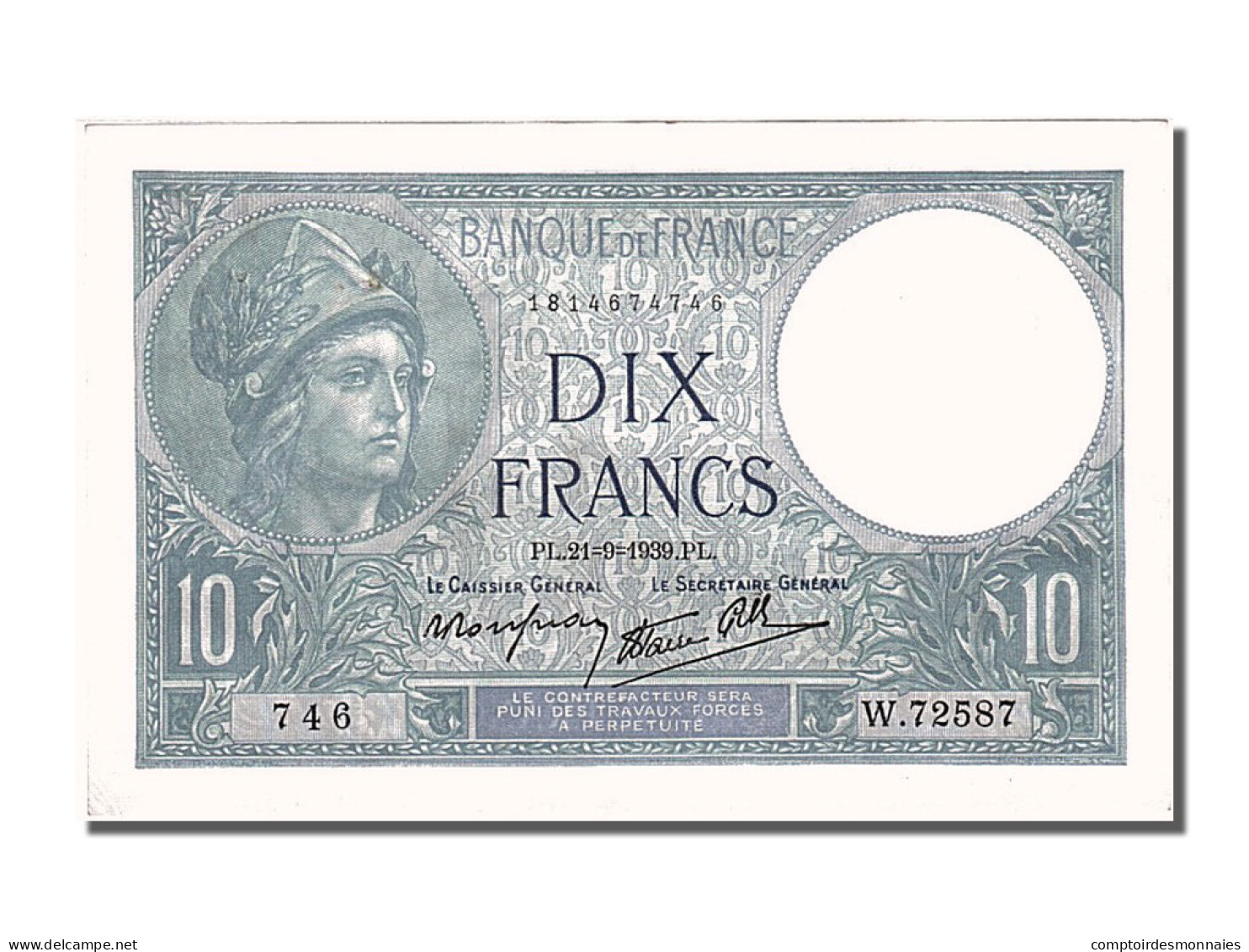 Billet, France, 10 Francs, 10 F 1916-1942 ''Minerve'', 1939, 1939-09-21, SPL - 10 F 1916-1942 ''Minerve''
