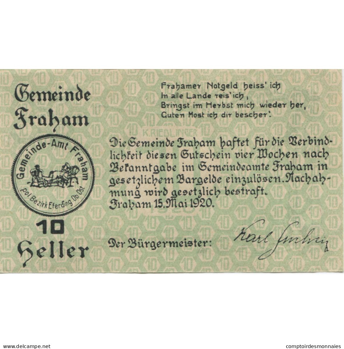 Billet, Autriche, Fraham, 10 Heller, Ferme, 1920, 1920-05-15, SPL, Mehl:FS 205c - Oesterreich