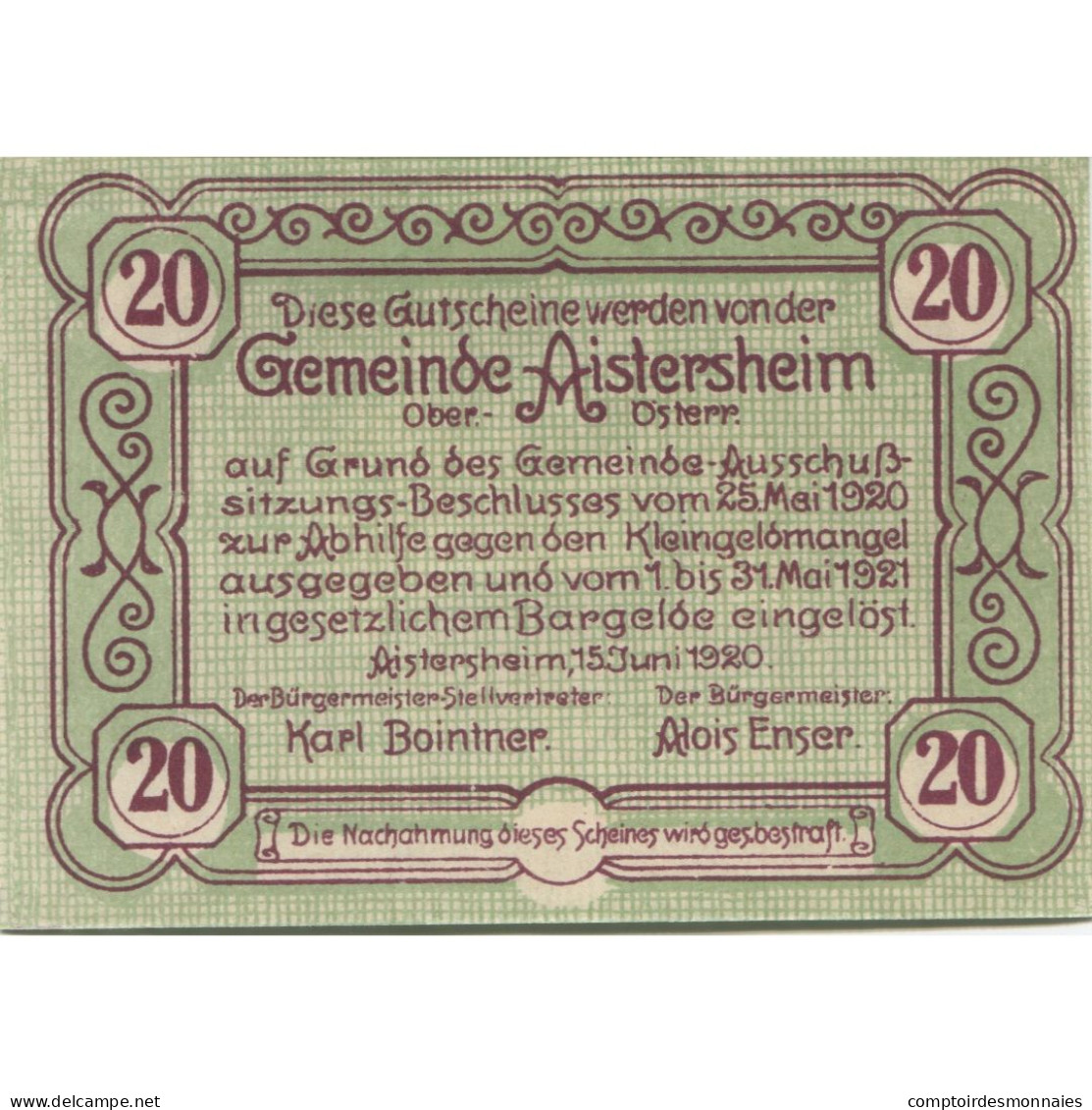 Billet, Autriche, Aistersheim, 20 Heller, Eglise 1921-05-31, SPL, Mehl:FS 15a - Austria