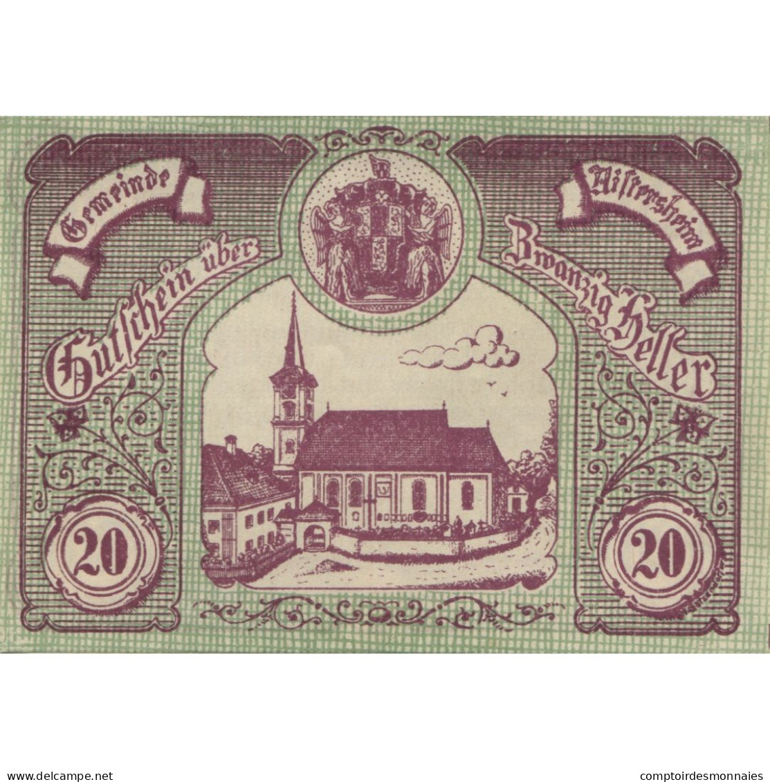 Billet, Autriche, Aistersheim, 20 Heller, Eglise 1921-05-31, SPL, Mehl:FS 15a - Oesterreich