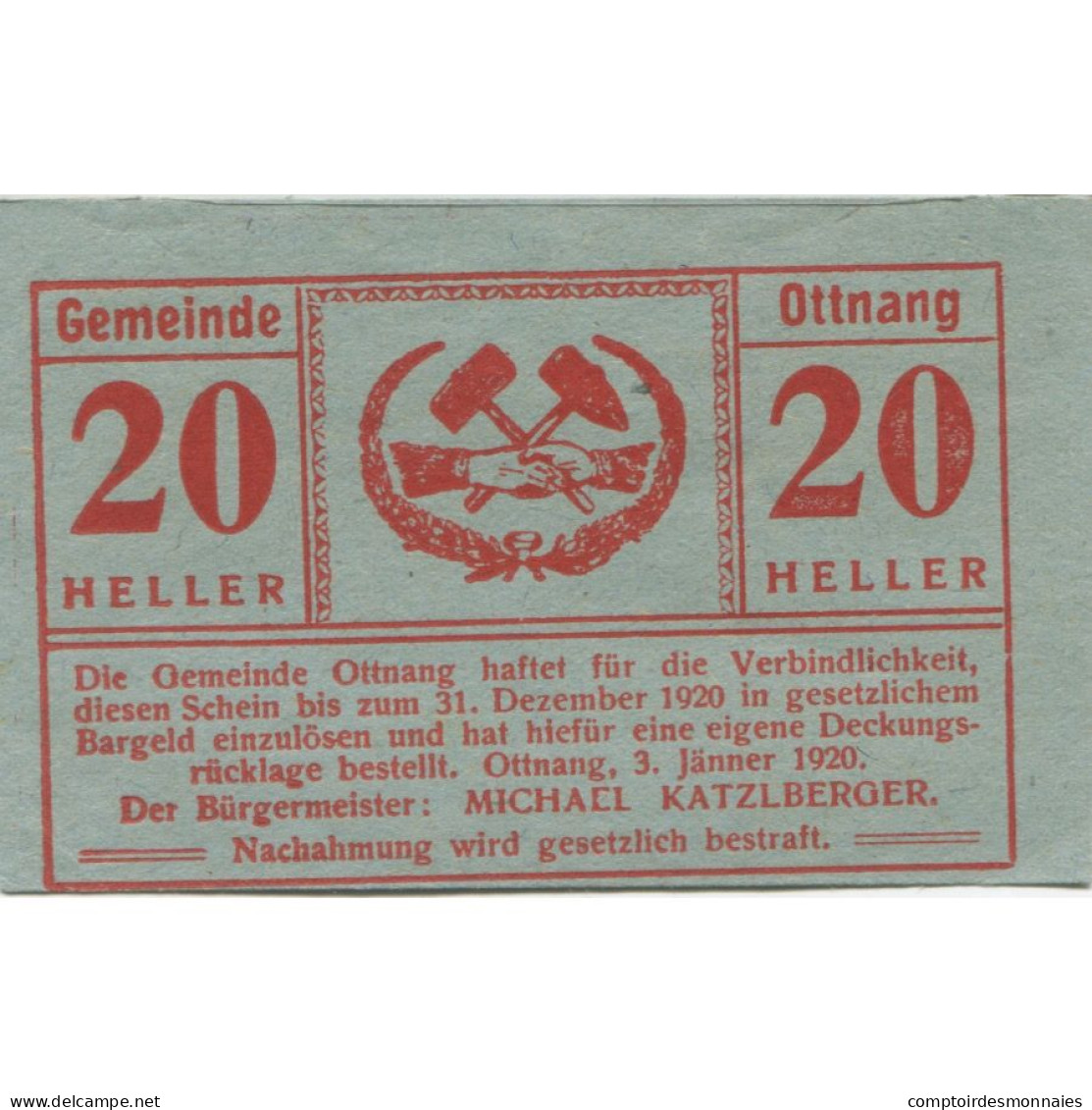 Billet, Autriche, Ottnang, 20 Heller, Texte 1, 1920-12-31, SPL, Mehl:FS 718a - Oesterreich