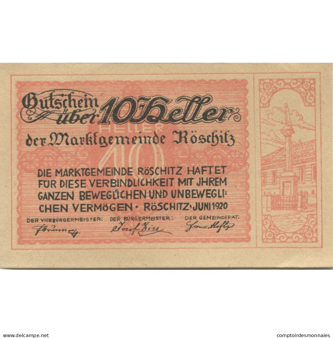 Billet, Autriche, Roschitz, 10 Heller, Monument 1920-09-15, SPL, Mehl:FS 844 - Oesterreich