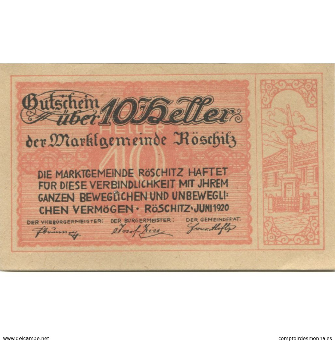 Billet, Autriche, Roschitz, 10 Heller, Monument 1920-09-15, SPL, Mehl:FS 844 - Austria