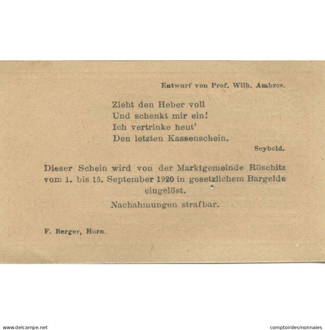 Billet, Autriche, Roschitz, 10 Heller, Monument 1920-09-15, SPL, Mehl:FS 844 - Oesterreich