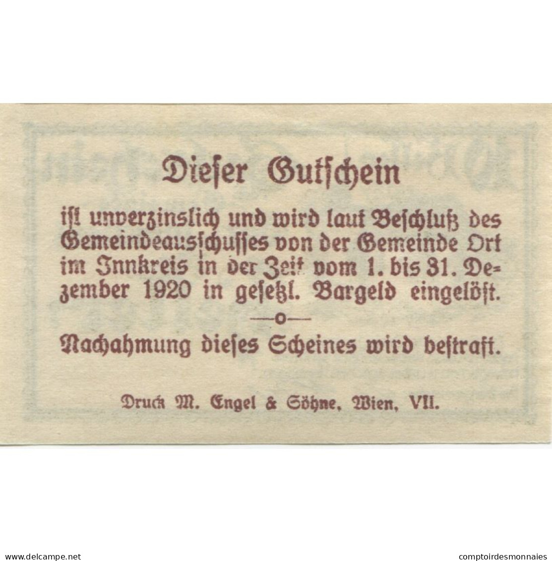Billet, Autriche, Ort, 10 Heller, Eglise, 1920, 1920-12-31, SPL, Mehl:FS 711b - Austria