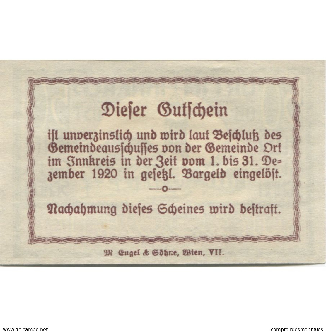 Billet, Autriche, Ort, 50 Heller, Eglise, 1920, 1920-12-31, SPL, Mehl:FS 711a - Austria