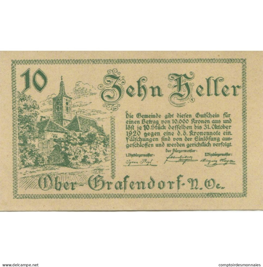 Billet, Autriche, Grafendorf, 10 Heller, Eglise 1920-10-31, SPL, Mehl:FS 682a - Austria