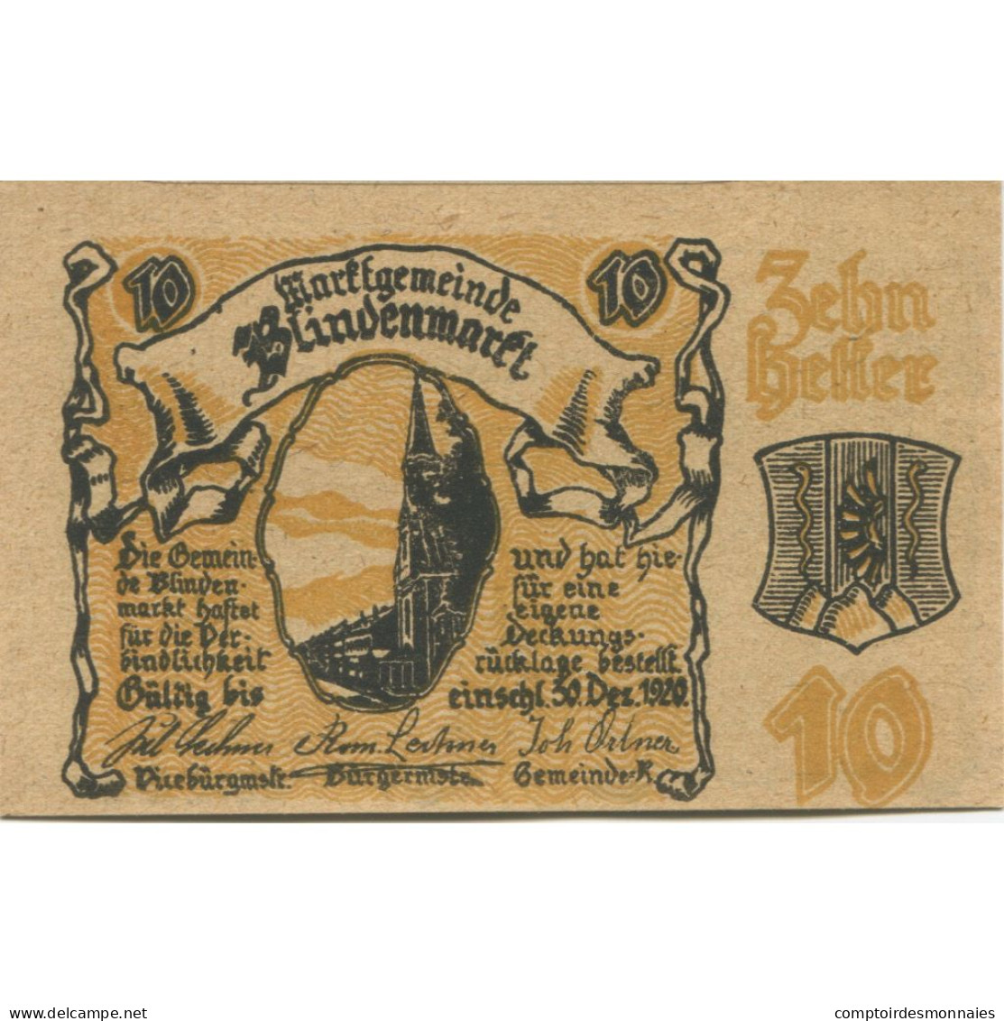 Billet, Autriche, Blindenmarkt, 10 Heller, Blason 1920-12-30, SPL Mehl:FS 93IIa - Austria